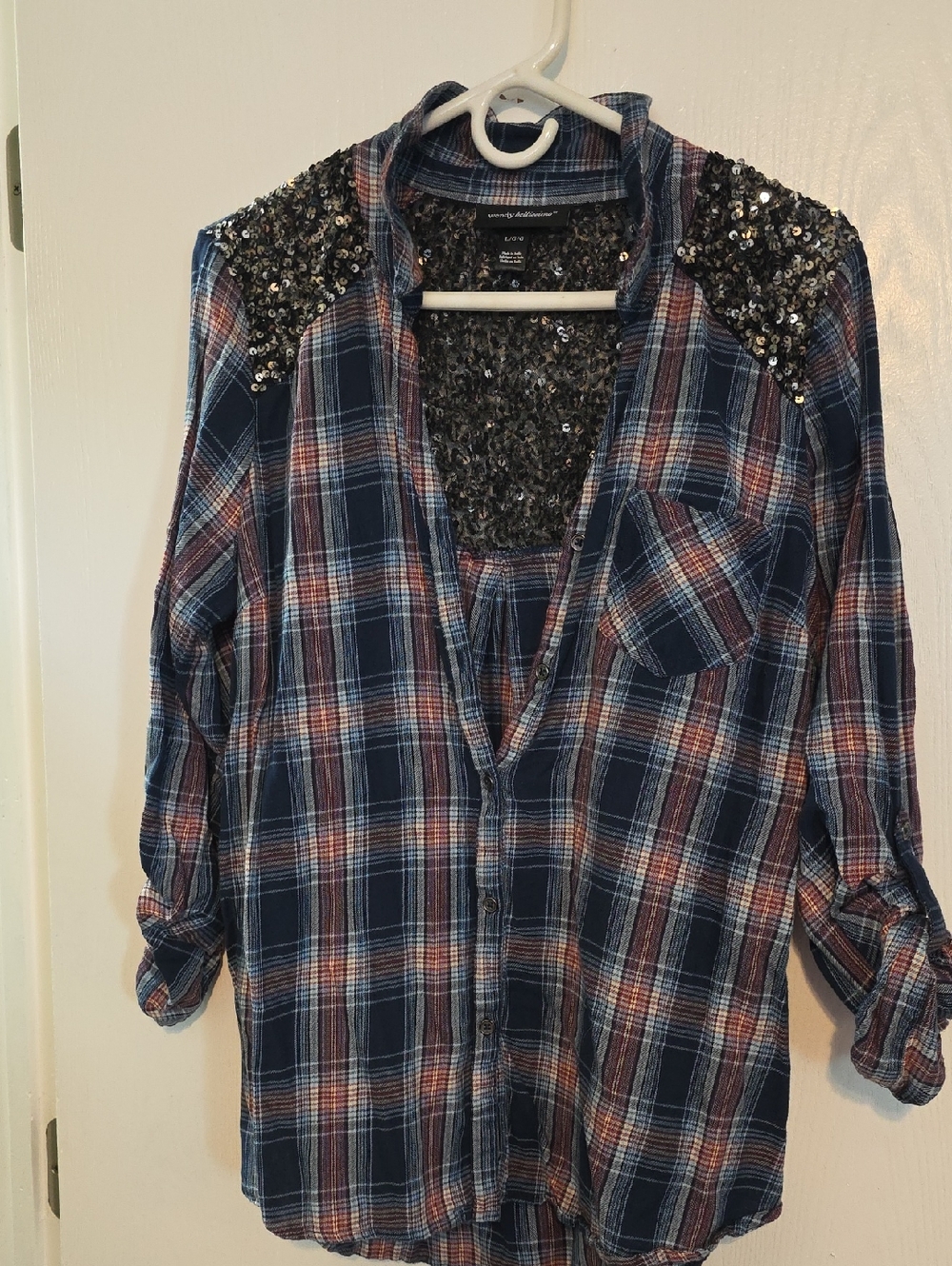Wendy Bellissimo Navy Plaid Shirt with Sequin Detail